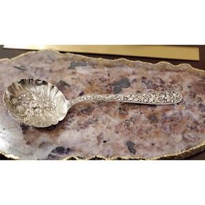 Vintage S.Kirk & Son Repousse Rose and Berry Long Handled Sterling Silver Spoon